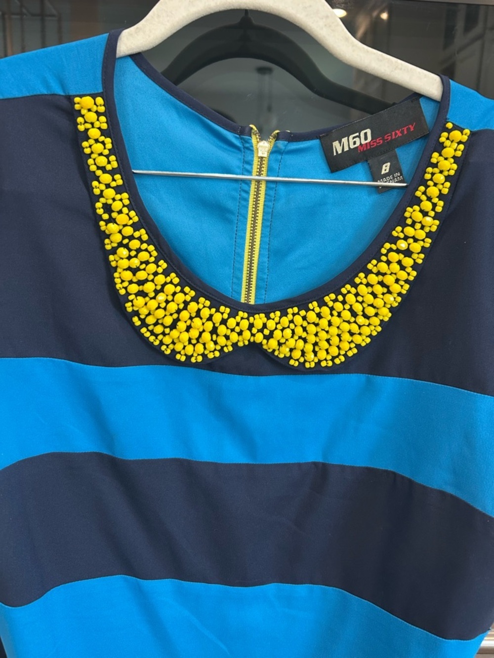 Miss Sixty  Blue Striped Dress with Yellow Beaded Collar size 8 GUC preppy - Picture 3 of 5